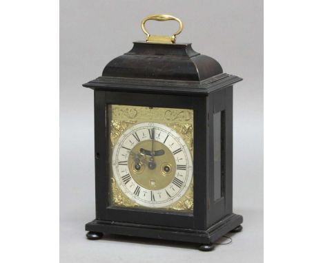 EBONISED BRACKET CLOCK,  the brass dial with a 6 1/2" silvered chapter dial, date and pendulum apertures beneath the inscript