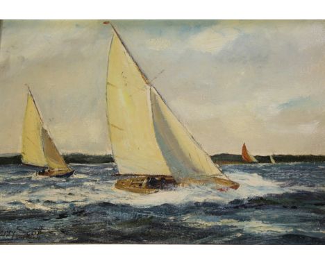 •HENRY SCOTT (1911-2005) YACHTS RACING A pair, both signed, oil on board Each 17 x 24.5cm. (2) ++ Each needs a very light cle
