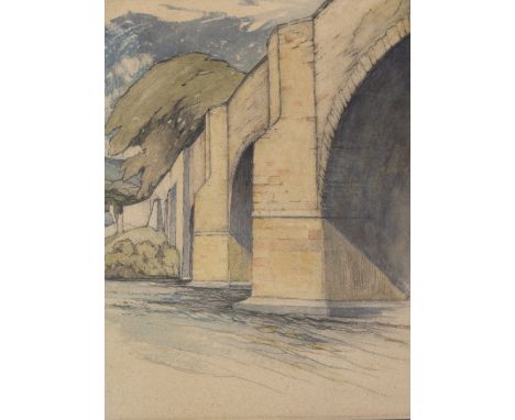 •ATTRIBUTED TO SIR FRANK BRANGWYN, RA (1867-1956) BRIDGE Watercolour and pencil 46.5 x 34cm. with three etchings by Brangwyn,