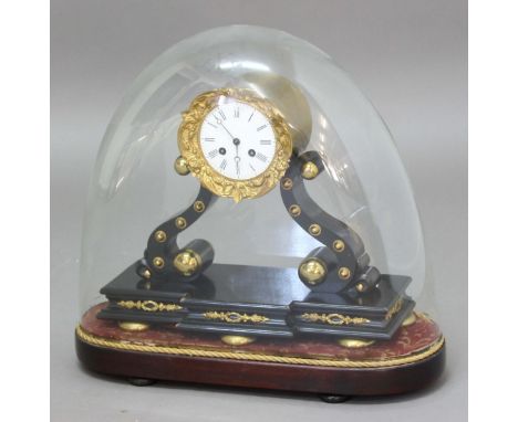 VICTORIAN BRASS AND EBONISED MANTEL CLOCK,  the 3 1/2" enamelled dial on a brass, eight day movement, stamped Japy Freres, ho