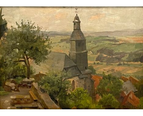 Karl ARMBRUST (1867 - 1928). Blick über ''Krofdorf bei Gießen".Circa 22,5 cm x 33,5 cm. Gemälde. Öl auf Platte. Rechts unten 