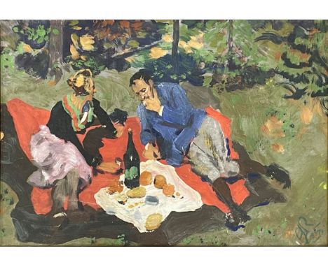 MONOGRAMMIST (XIX - XX). Kleines Picknick im Park.Circa 31 cm x 44,5 cm. Gemälde. Öl auf Leinwand auf Platte.MONOGRAMMIST (XI