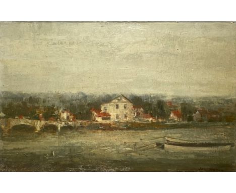 Josef HORN (1902 - 1951). Uferansicht mit Blick auf Brücke und Fluss.Circa 50 cm x 33,5 cm. Gemälde. Öl auf Holzplatte. Recht