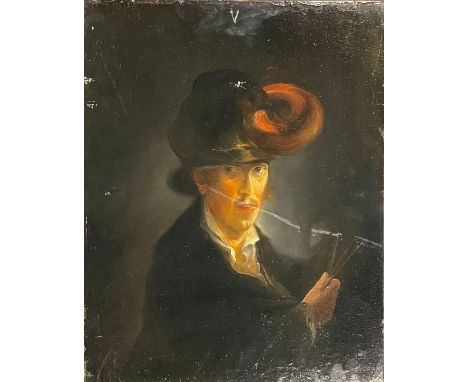 UNSIGNIERT. Selbstbildnis.Circa 45,5 cm x 36,5 cm. Gemälde. Öl auf Holzplatte. Darstellung eines Künstlers mit Hut und zwei P