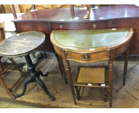 A 19th Century tripod table, reproduction hall table and a cane top stool