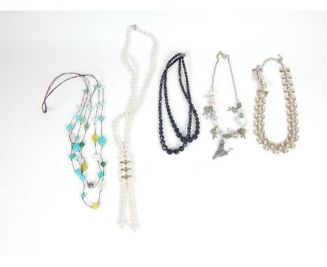 An assortment of beaded costume jewellery necklaces to include a long, 1920's style, faux pearl and diamante bead necklace (4