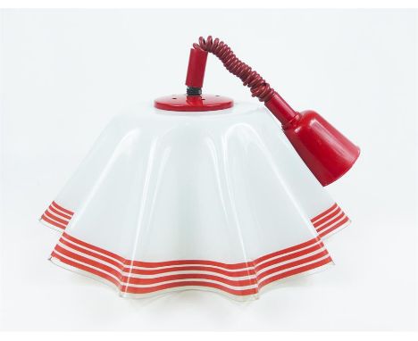 A large, stylish, 1960's white and red glass, 'handkerchief' hanging light in perfect condition with a red painted metal fitt
