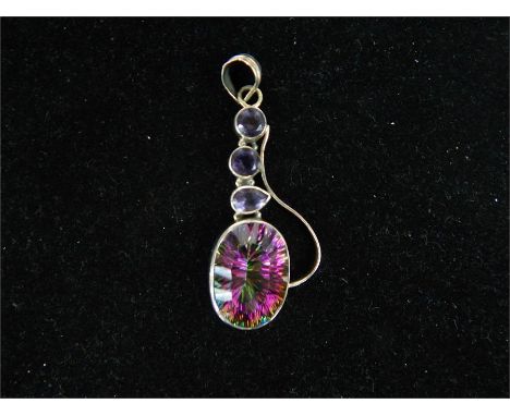 A silver, mystic topaz and amethyst pendant.