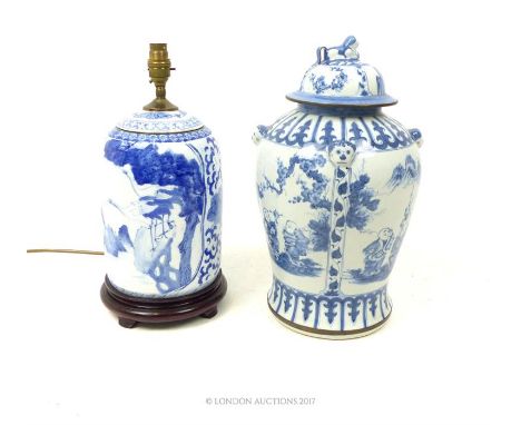 A Chinese blue and white porcelain ginger jar, decorated with pictorial reserves depicting figures 41 x 22 x 22cm, together w