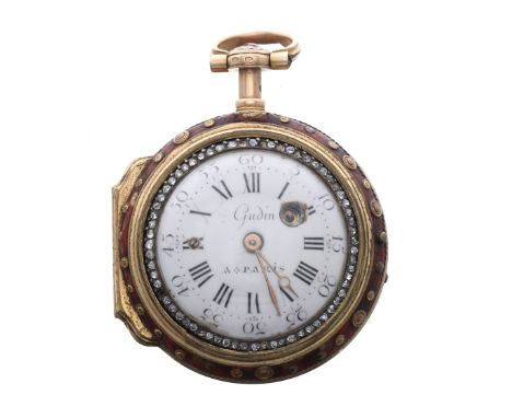 Attractive French 18ct enamel and diamond verge repeating pair cased pocket watch, the fusee movement signed Gudin á Paris, n