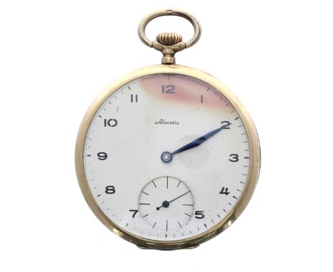 Almatic 14k lever engine turned dress pocket watch, unsigned gilt movement with compensated balance and regulator, signed dia