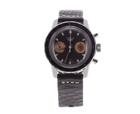 Heuer Autavia chronograph stainless steel gentleman's wristwatch, ref. 7763, circa 1960s, serial no. 111xxx, black bi-rotatio