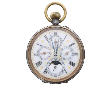 Swiss gunmetal calendar pocket watch, unsigned frosted gilt lever movement, the dial with Roman numerals, moon phase aperture