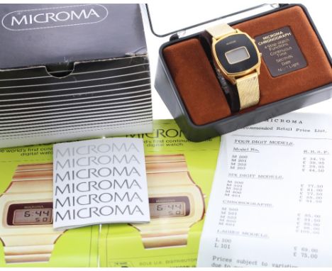 Microma Chronograph digital gold plated and stainless steel gentleman's bracelet watch, model 601, LED display, later gold pl