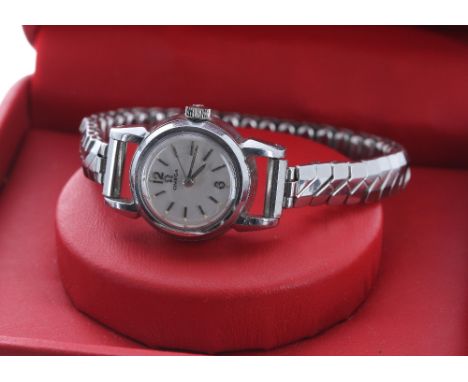 Omega Ladymatic stainless steel wristwatch, silvered dial with Arabic 12 and 6, baton markers with sweep centre seconds, expa