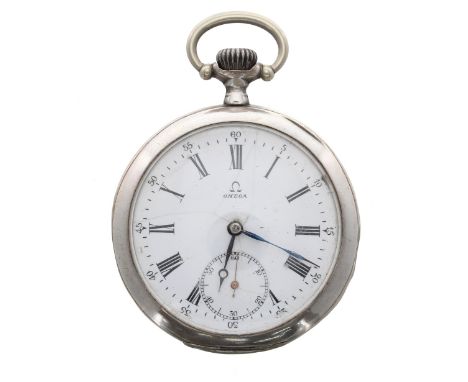 Omega silver lever pocket watch, signed gilt frosted movement with compensated balance and regulator, signed dial with Roman 