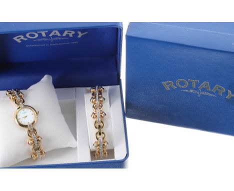 Rotary Monaco gold plated lady's watch and bracelet set, ref. 10194, circular mother of pearl dial with quarter diamond dot m