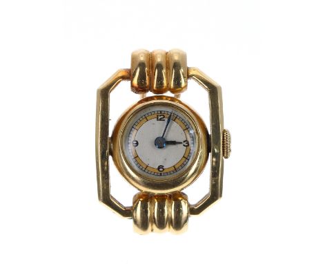 18ct reverso gold brooch/watch, silvered dial with Arabic quarter numerals, case ref. DTE 19386, 15.4gm, 20mm (movement at fa