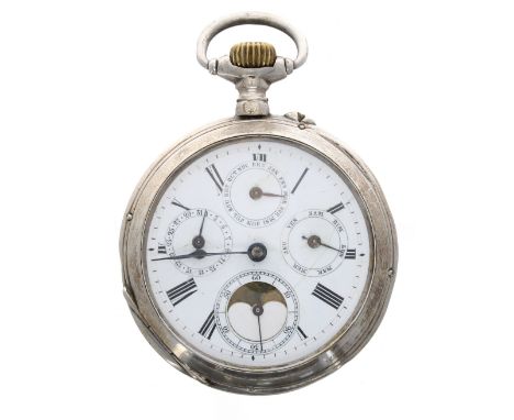 Continental silver (0.800) cylinder calendar pocket watch, the bar movement with gilt three arm balance and regulator, the di