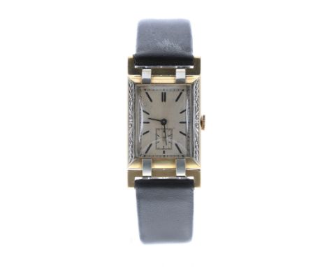 Art Deco 18ct bicolour rectangular gentleman's wristwatch, import hallmarks for Glasgow 1930, rectangular silvered dial with 