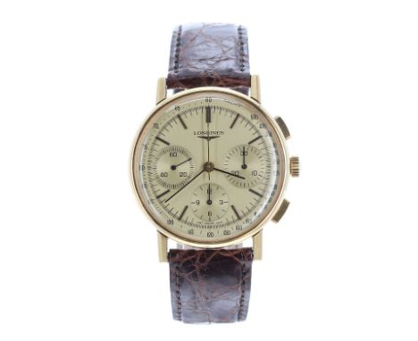 Longines 18ct chronograph gentleman's wristwatch, ref. 3614, circa 1960s, gilded dial with baton markers and chronograph cent