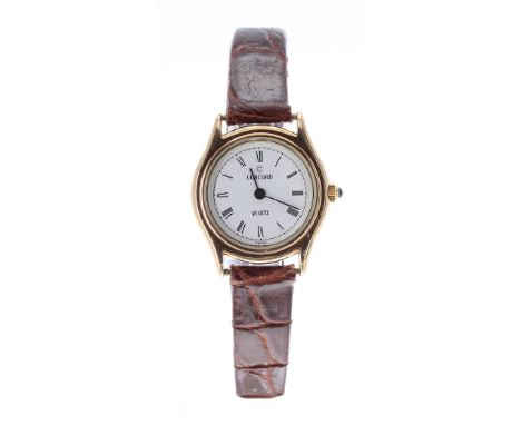 Concord Quartz 14ct lady's wristwatch, circular white dial with Roman numerals and minute track, cabouchon crown, modern brow