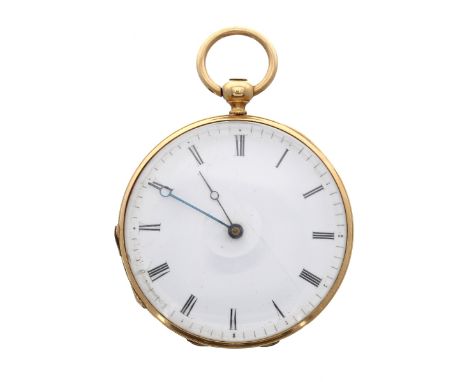 Continental 18ct cylinder fob watch, the gilt bar movement with gilt three arm balance and regulator, the dial with Roman num