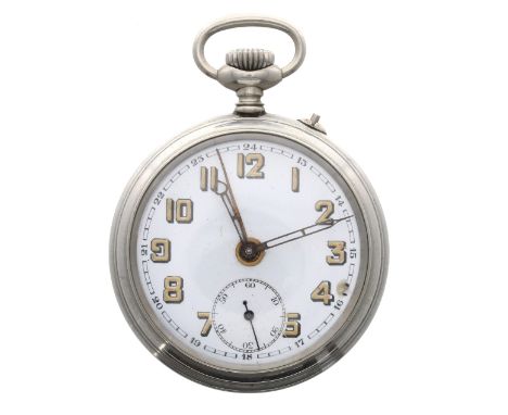 Junghans chrome cased alarm pocket watch, the white dial with Arabic numerals, minute track with twenty-four hour divisions, 
