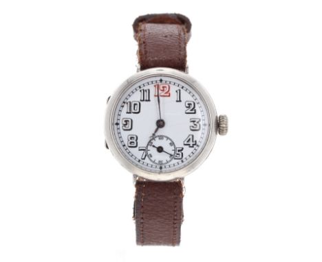 WWI silver wire-lug trench watch, import hallmarks London 1917, circular white enamel dial with Arabic numerals, red twelve, 