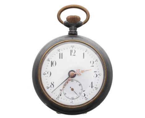Swiss gunmetal alarm pocket watch, the dial with Arabic numerals, minute markers with five minute divisions, subsidiary secon