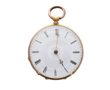 18ct cylinder fob watch, the gilt bar movement with gilt three arm balance and regulator, the dial with Roman numerals and mi