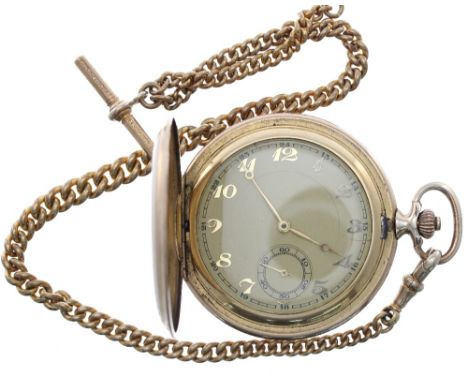 Swiss gold plated lever hunter pocket watch, circa 1930, unsigned gilt frosted movement, the gilded dial with Arabic numerals
