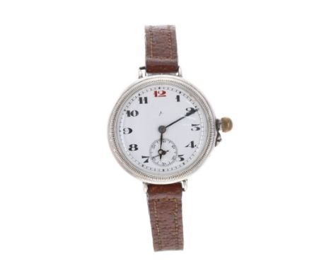 Longines silver (0.925) wire-lug officers trench watch, import hallmarks London 1924, white enamel dial with red twelve, Arab