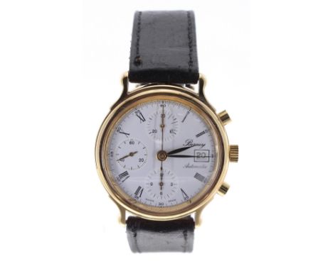 Berney automatic chronograph gold plated and stainless steel gentleman's wristwatch, circular white dial with Roman numerals,