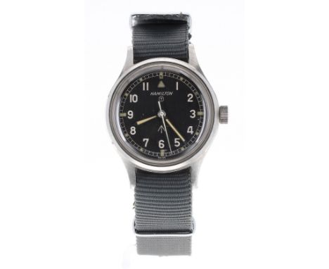 Hamilton British Military RAF issue pilot's stainless steel wristwatch, circa 1960s, circular black dial with Military arrow 