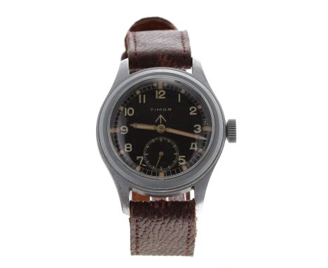 Timor WWII Military issue stainless steel gentleman's wristwatch, circular black dial with Military arrow, Arabic numerals, d