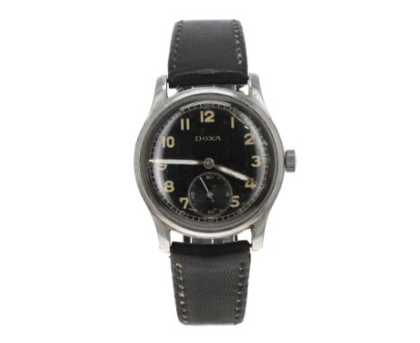 Doxa WWII Deutsches Heer (German Army) stainless steel gentleman's wristwatch, circular black dial with Arabic numerals, oute