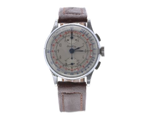 1940s chronograph stainless steel gentleman's wristwatch, circular silvered dial signed Breitling with Arabic numerals, minut