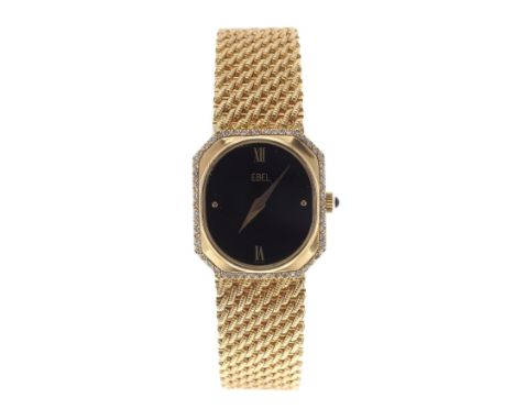 Ebel 18ct yellow gold and diamond octagonal cased lady's bracelet watch, black oval dial with Roman twelve and six and dot ma