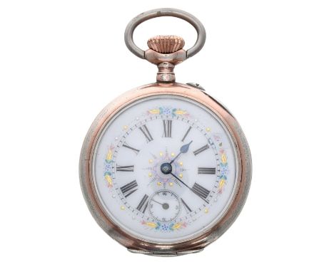 Continental silver (0.800) cylinder pocket watch, gilt frosted movement with steel three arm balance and regulator, the flora