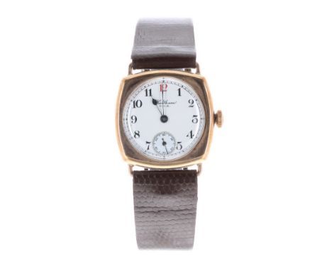 Waltham 9ct cushion cased gentleman's wristwatch, Birmingham 1924, signed white dial with Arabic numerals, red 12 and subsidi