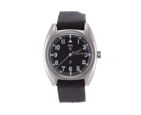 MWC Military stainless steel gentleman's wristwatch, circular black dial with Arabic numerals, minute track with dot hour mar