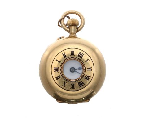 Swiss 18ct mini half hunter fob watch, London 1907, gilt lever bar movement, the dial with Roman numerals and double spade bl