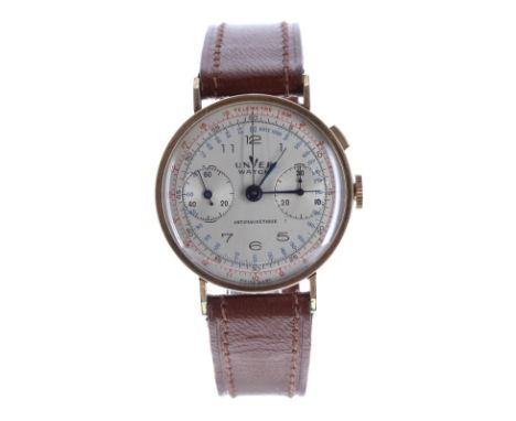 Unver Election WWII gold plated single push button chronograph wristwatch,  circular silvered dial signed Unver with Arabic n