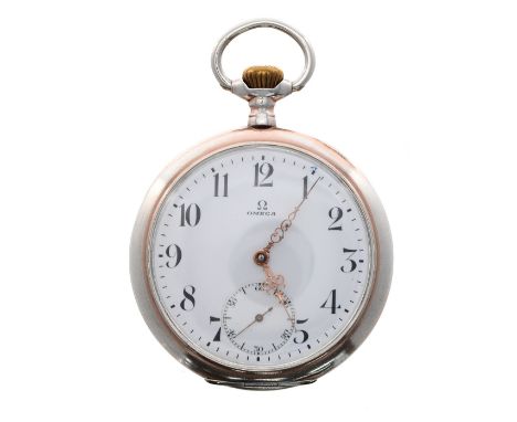 Omega silver (.800) lever pocket watch, gilt movement, no. 4765768, signed white dial with Arabic numerals, gilt fancy hands 