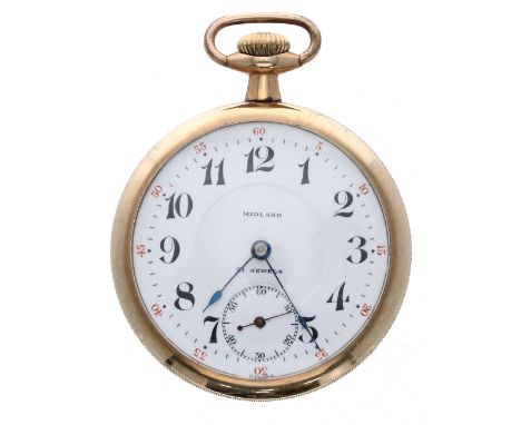 Midland gold plated lever pocket watch, 21 jewel movement with compensated balance and regulator, signed dial with Arabic num
