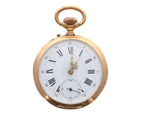 Continental 18ct cylinder pocket watch, bar movement with gilt three arm balance and regulator, the dial with Roman numerals,