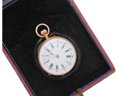 18ct cylinder fob watch, bar movement with gilt three arm balance and regulator, the dial with Roman numerals, minute track a