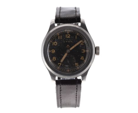 Cyma WWII British Military issue stainless steel gentleman's wristwatch, circular black dial with Military arrow, Arabic nume