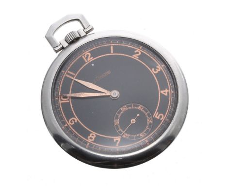 LeCoultre stainless steel lever pocket watch, 15 jewel movement, no. 45820, black dial with a gilt chapter ring, Arabic numer